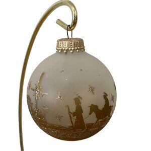 Vtg Christmas by Krebs Glass Ornament With Nativity Scene and Glitter Accents